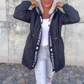 Women's Letter Pocket Hooded Drawstring Zipper Jacket - VAleG