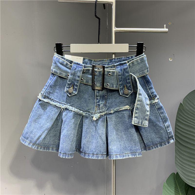 Retro Light Blue Sweet Girl Pleated Denim Skirt Small Slim A- Line Skirt - VAleG