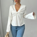 Women's Elegant Solid Color V-neck Ruffled Front Flared Sleeve Shirt - VAleG
