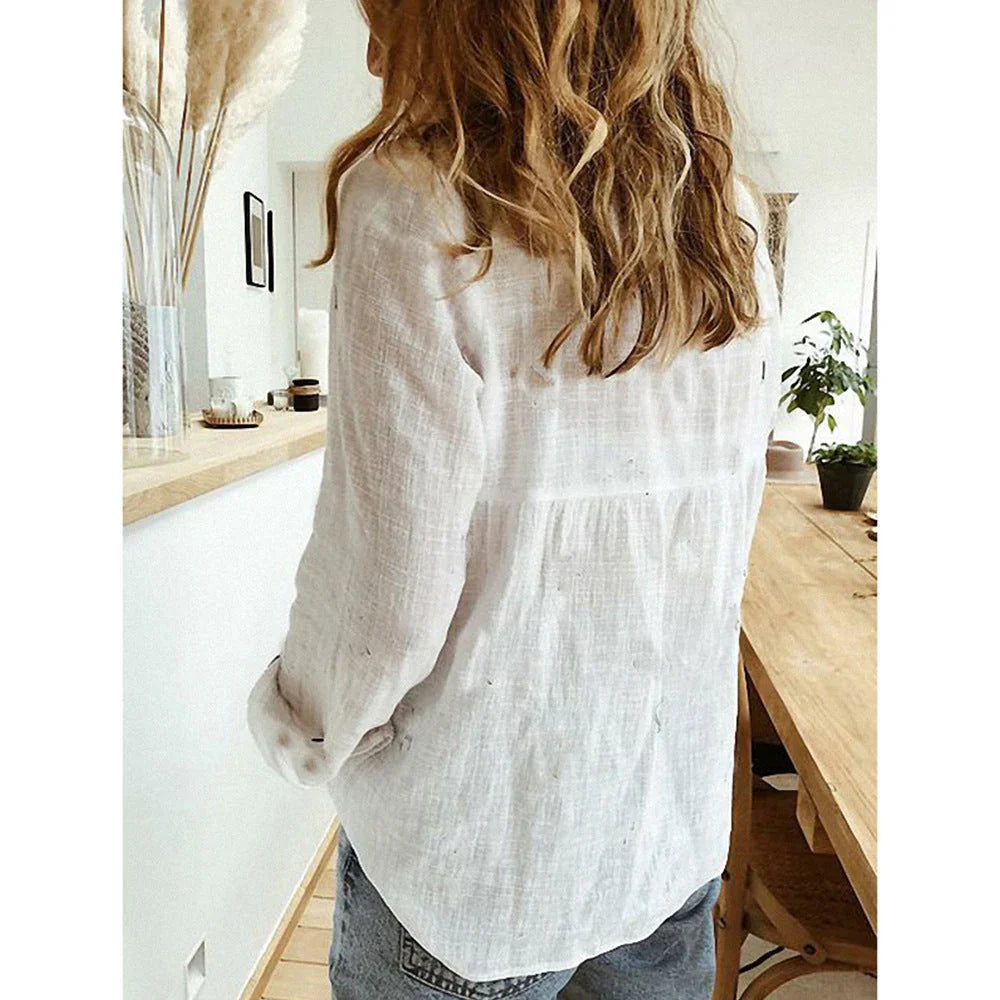 Solid Color Casual Loose Long Sleeve Linen Shirt - VAleG