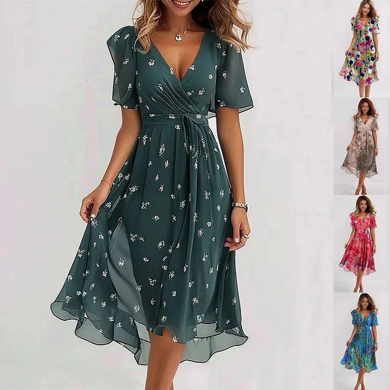 Chiffon Printed Short Sleeve Dress Summer Elegant V-neck Dresses Womens Clothing - VAleG