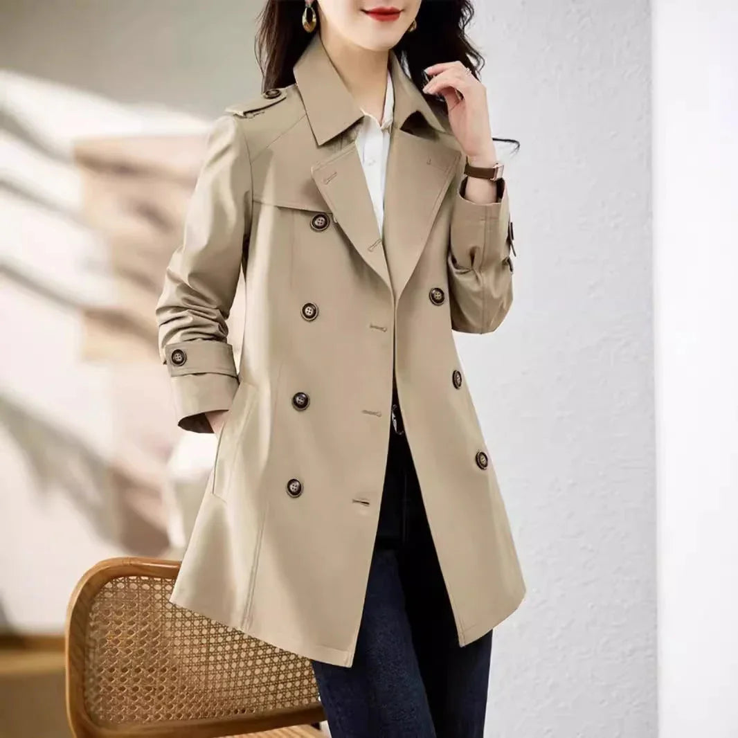 Women's Mid-length Trench Coat Double Breasted Fitted Waist Overcoat - VAleG