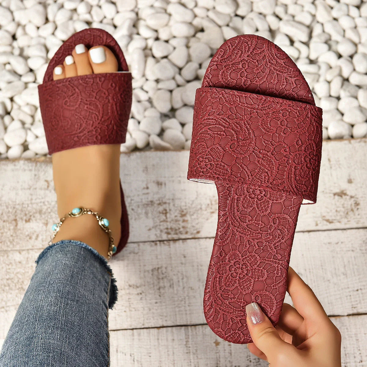 Retro Textured Flat Sandals Summer Non-slip Slides Beach Shoes For Women - VAleG