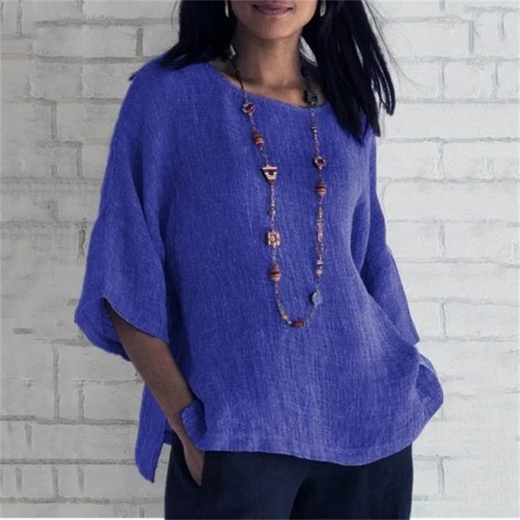Sleeves round neck cotton and linen shirt - VAleG