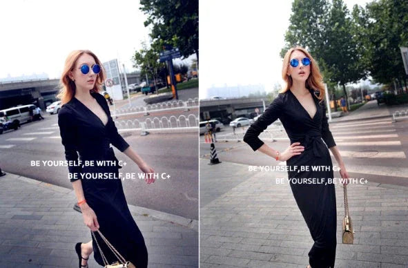New V-neck Tie Waist Slim Slimming Dress - VAleG