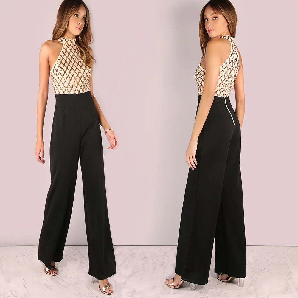 European and American women's sexy jumpsuit hanging neck sequins stitching trumpet jumpsuit trousers - VAleG
