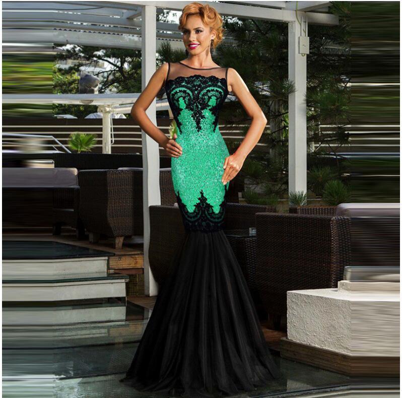 Europe and America long skirt sexy sleeveless sequin mesh stitching banquet evening dress dew backpack hip fishtail mopping dress - VAleG