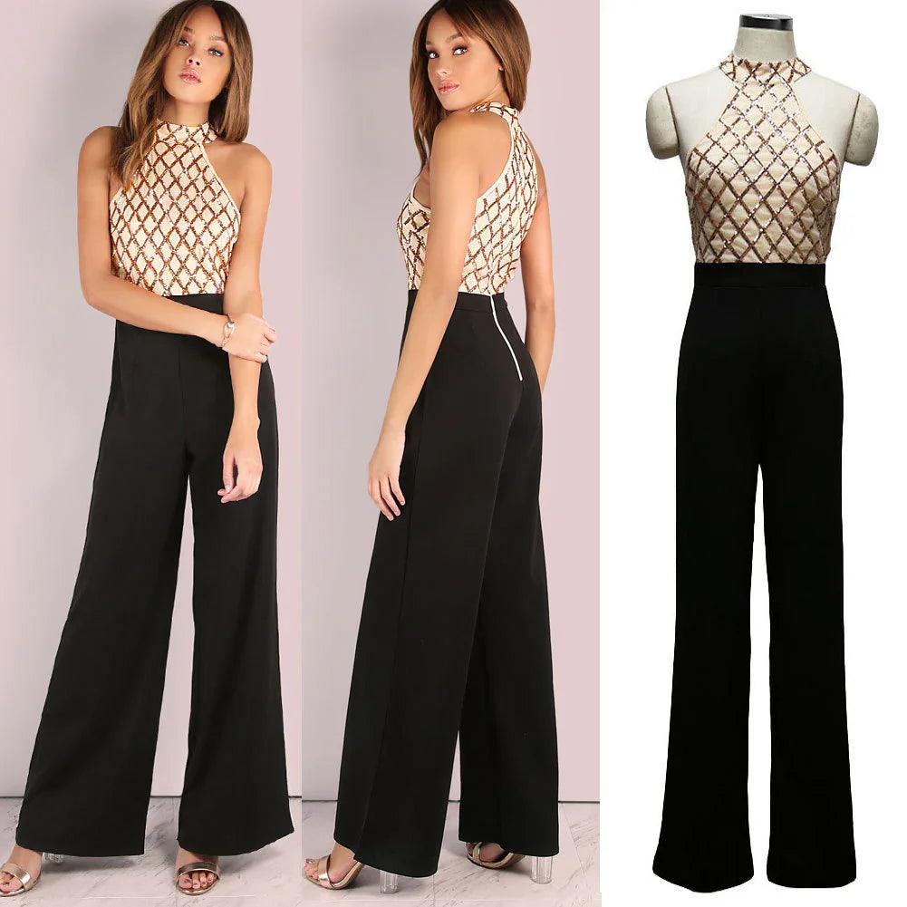 European and American women's sexy jumpsuit hanging neck sequins stitching trumpet jumpsuit trousers - VAleG