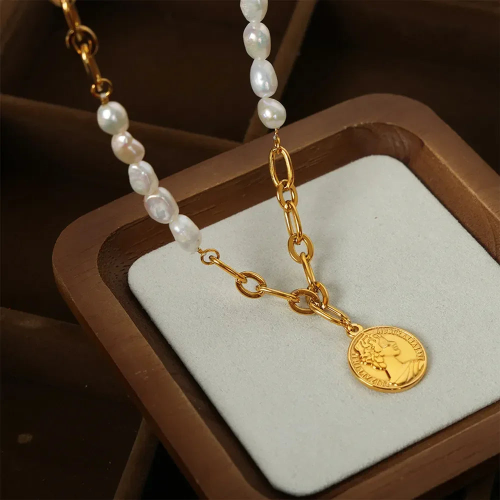 Coin pendant Pearl Titanium Steel Necklace - VAleG