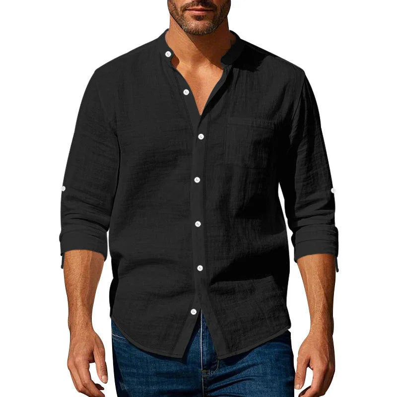 Long Sleeve Stand Collar Casual Men's Pocket Shirt - VAleG