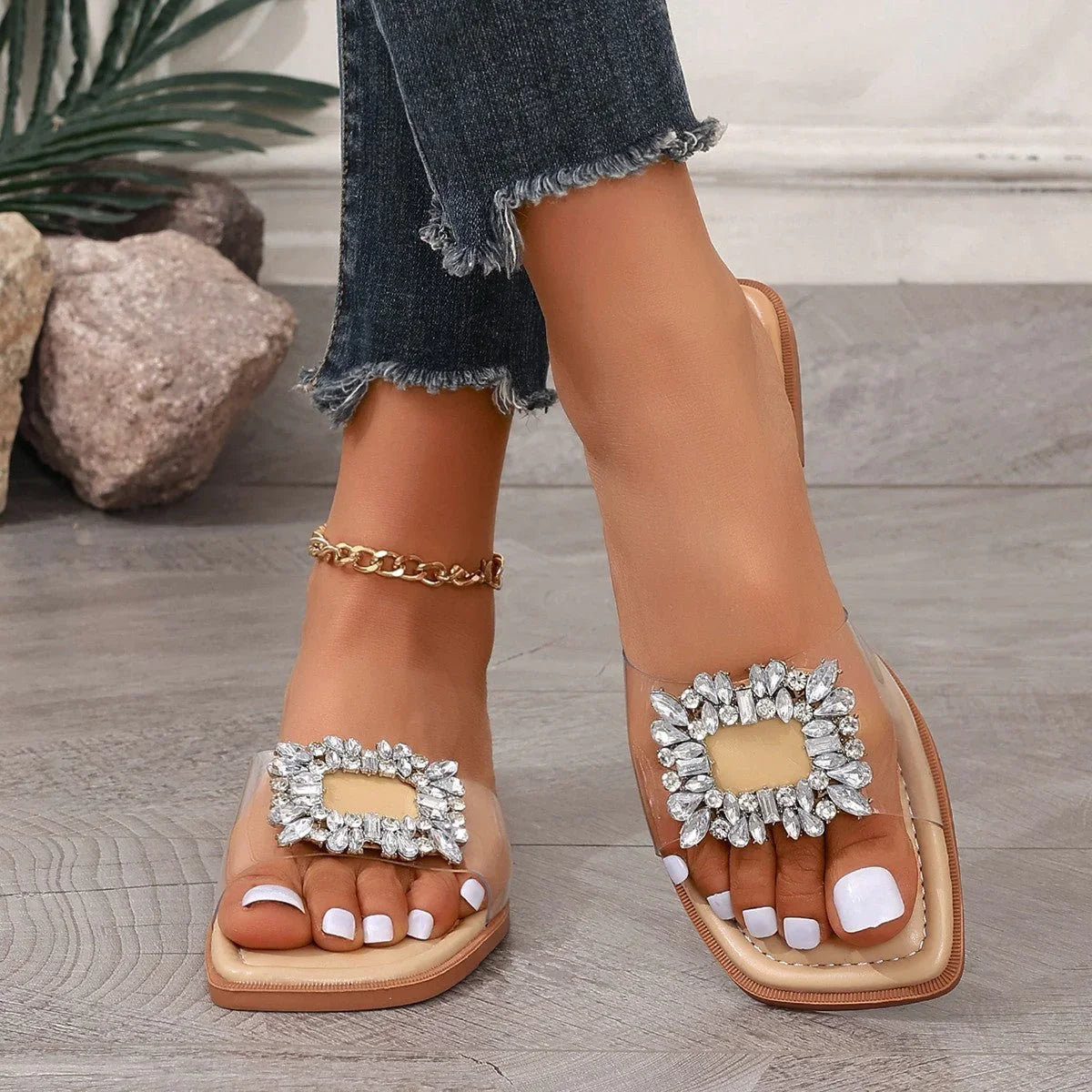 European And American Rhinestone Transparent Large Size Flat Sandals - VAleG