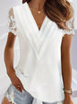 Contrast Lace Tucked Blouse, Casual V Neck Short Sleeve Blouse VAleG