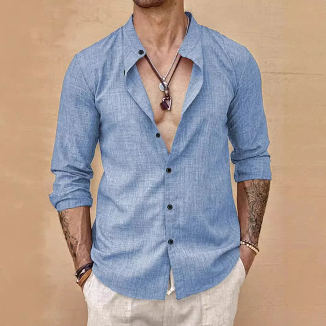 Stand Collar Long Sleeve Men's Cardigan Shirt Men's Top - VAleG