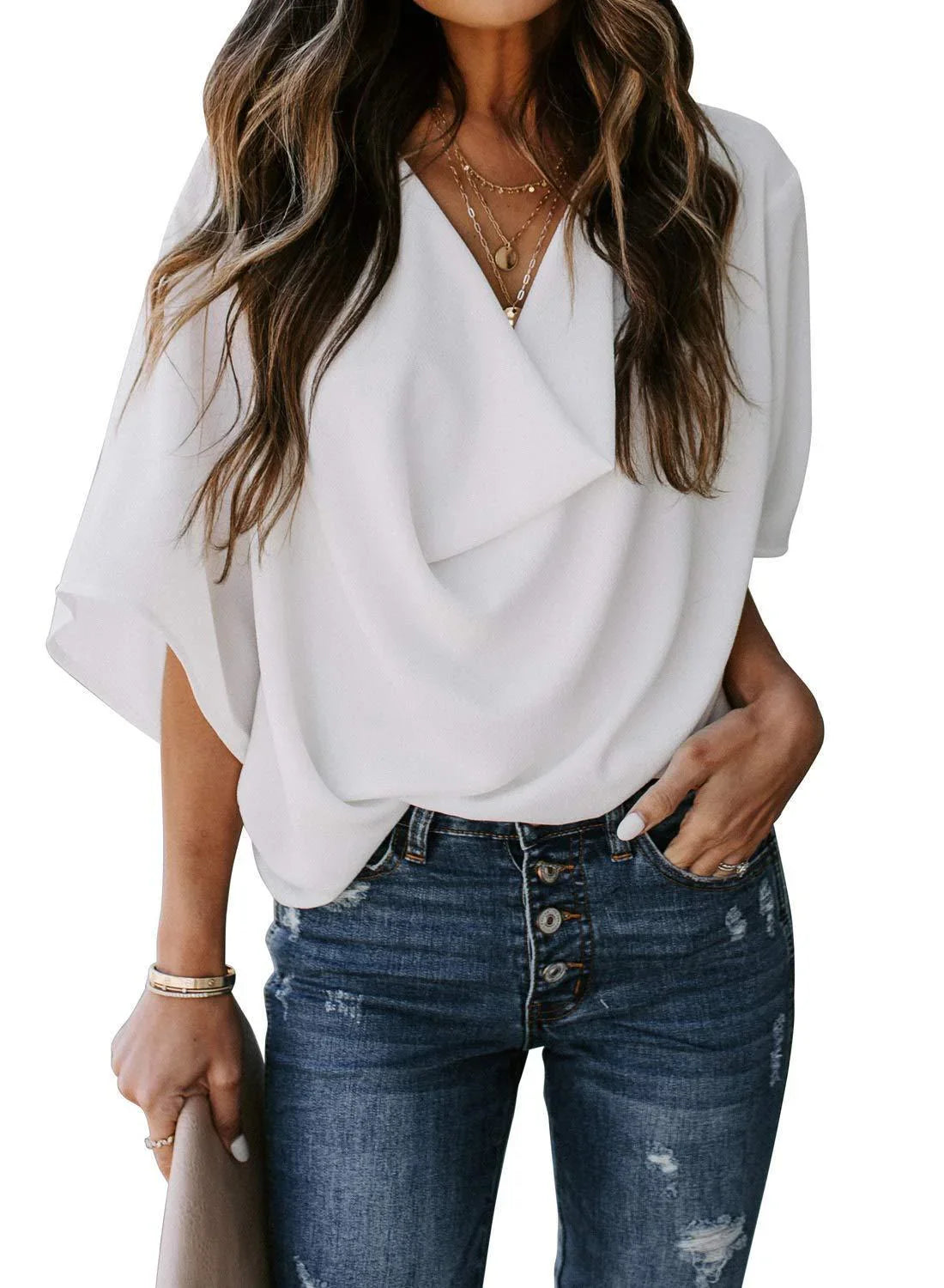 Chiffon shirt loose v-neck top - VAleG