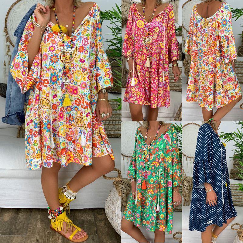 Printed Sleeves Ruffled Shirt Beach Skirt - VAleG