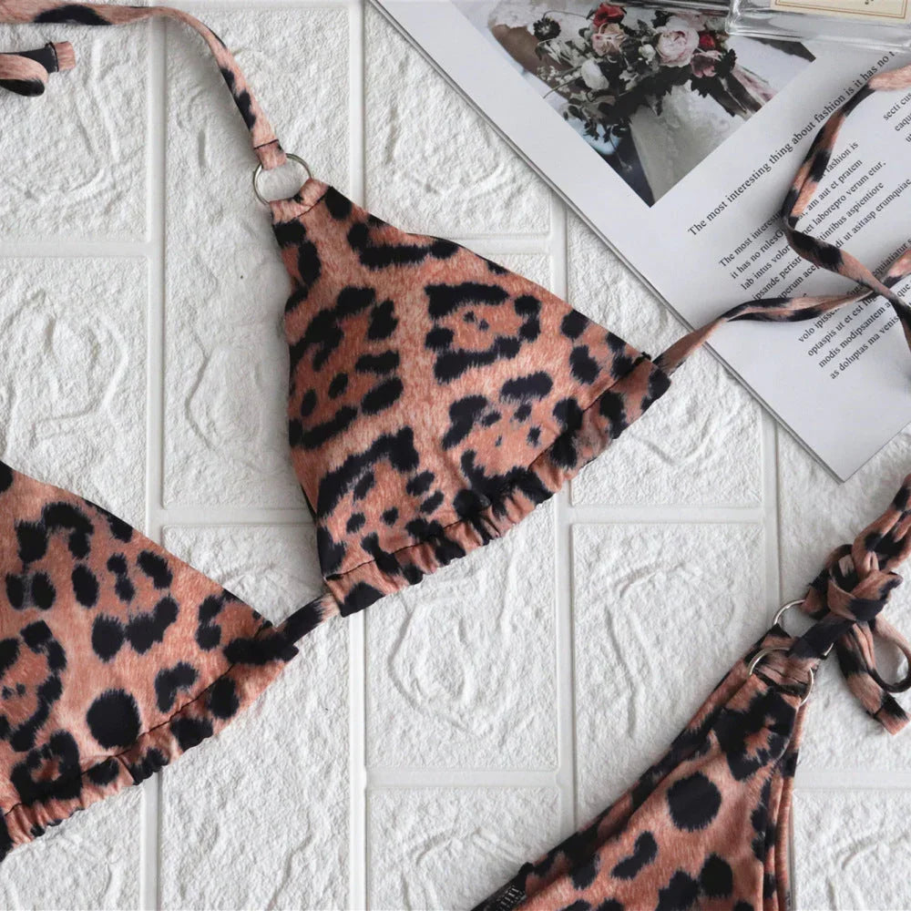 Swimsuit Leopard Print Split Metal Ring Sexy Swimsuit - VAleG