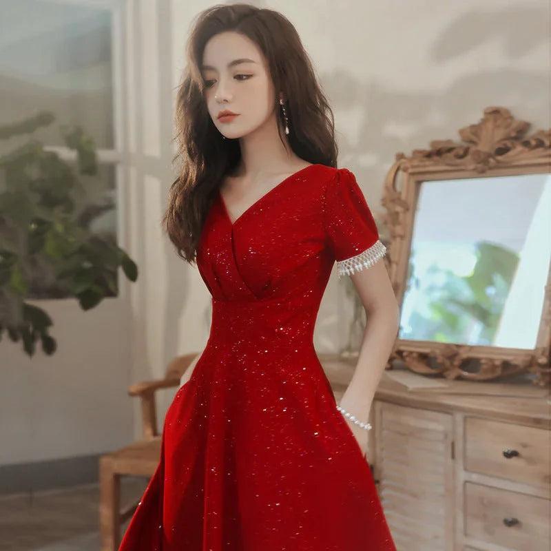Toast Dress Bride Wine Red Wedding Dress Engagement Back Door Dress - VAleG