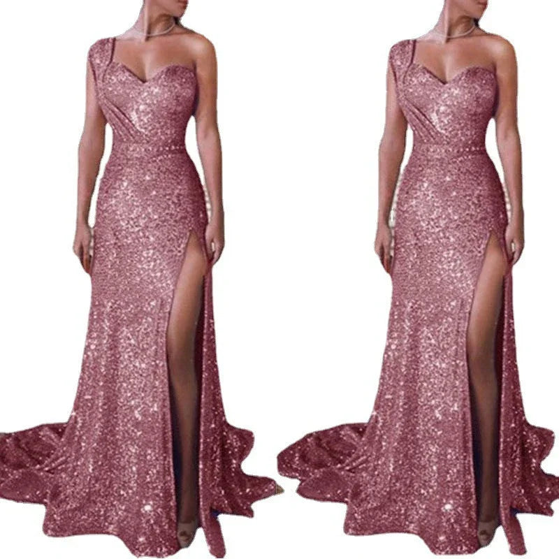 Women's Clothing One-shoulder Sleeveless Bronzing Split Dress - VAleG