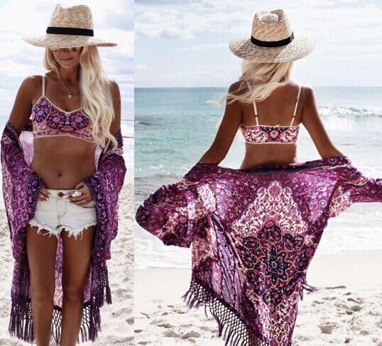 Chiffon Beach Resort Wear Purple Orientation Flower Beach Bikini - VAleG