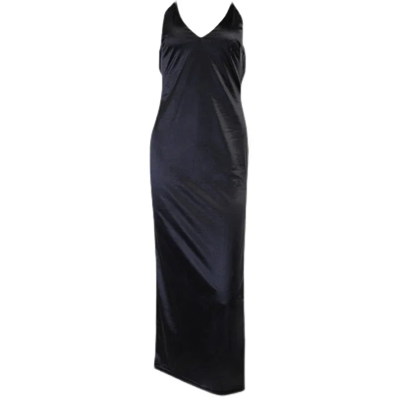 Satin Maxi Dress Women Sexy Black Backless Split Party Dresses Off Shoulder V Neck - VAleG