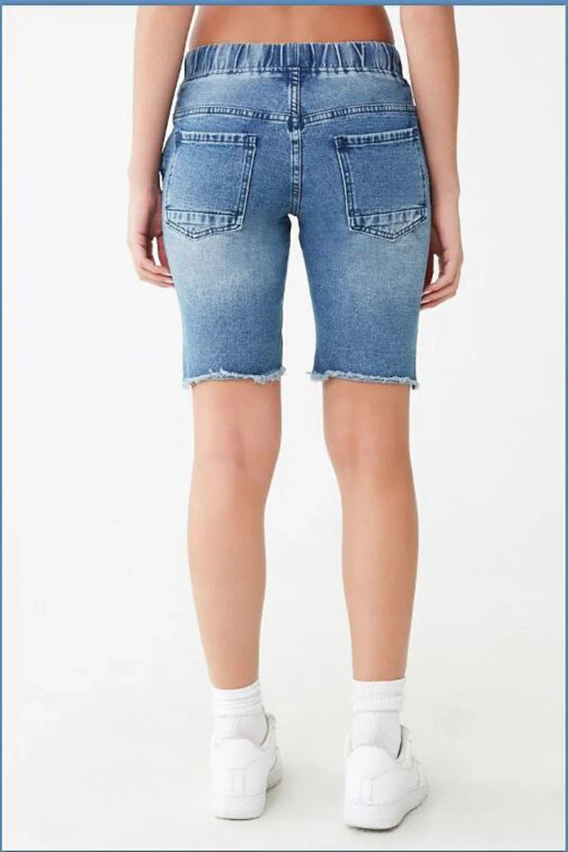 Women's Elastic Waist Ripped Denim Shorts - VAleG