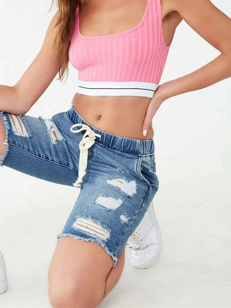 Women's Elastic Waist Ripped Denim Shorts - VAleG