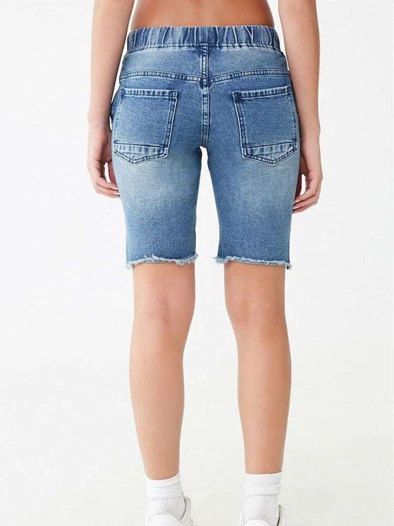 Women's Elastic Waist Ripped Denim Shorts - VAleG
