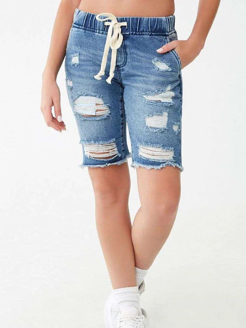 Women's Elastic Waist Ripped Denim Shorts - VAleG