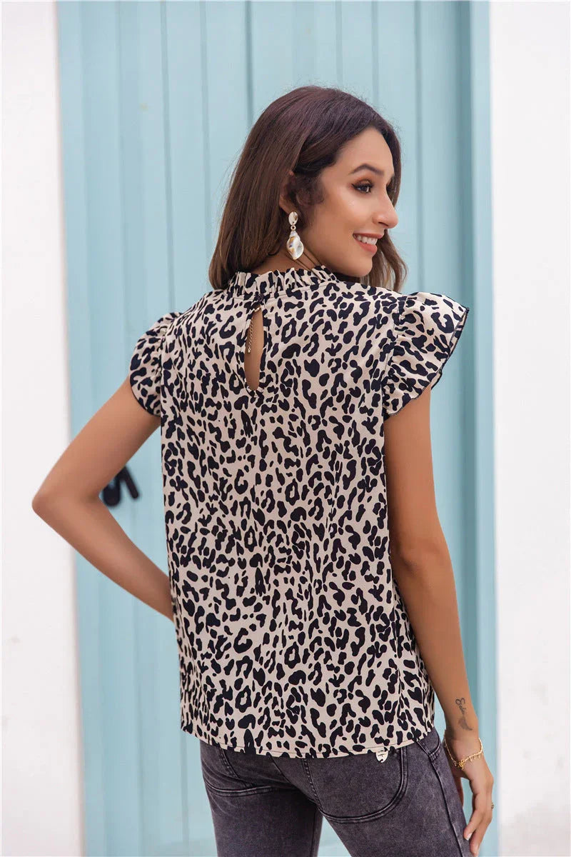 High Neck Petal Sleeve Women's Top Leopard Print Fashion - VAleG