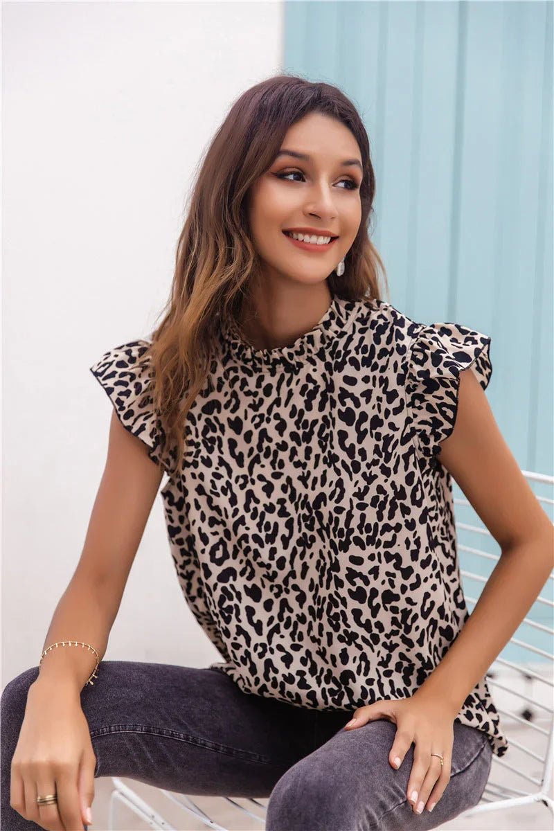 High Neck Petal Sleeve Women's Top Leopard Print Fashion - VAleG
