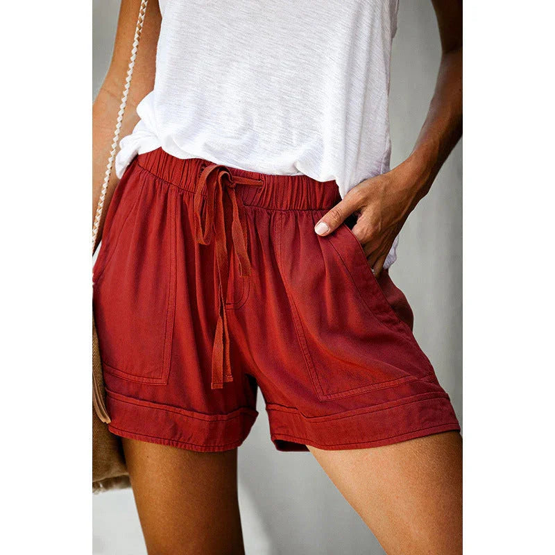 Wide leg loose high waist elastic lace-up shorts - VAleG