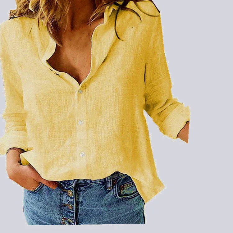 Solid Color Casual Loose Long Sleeve Linen Shirt - VAleG