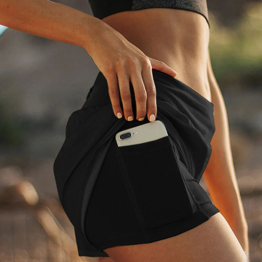 Double-layered Fake Two-piece Sports Shorts Yoga Pants With Pockets - VAleG
