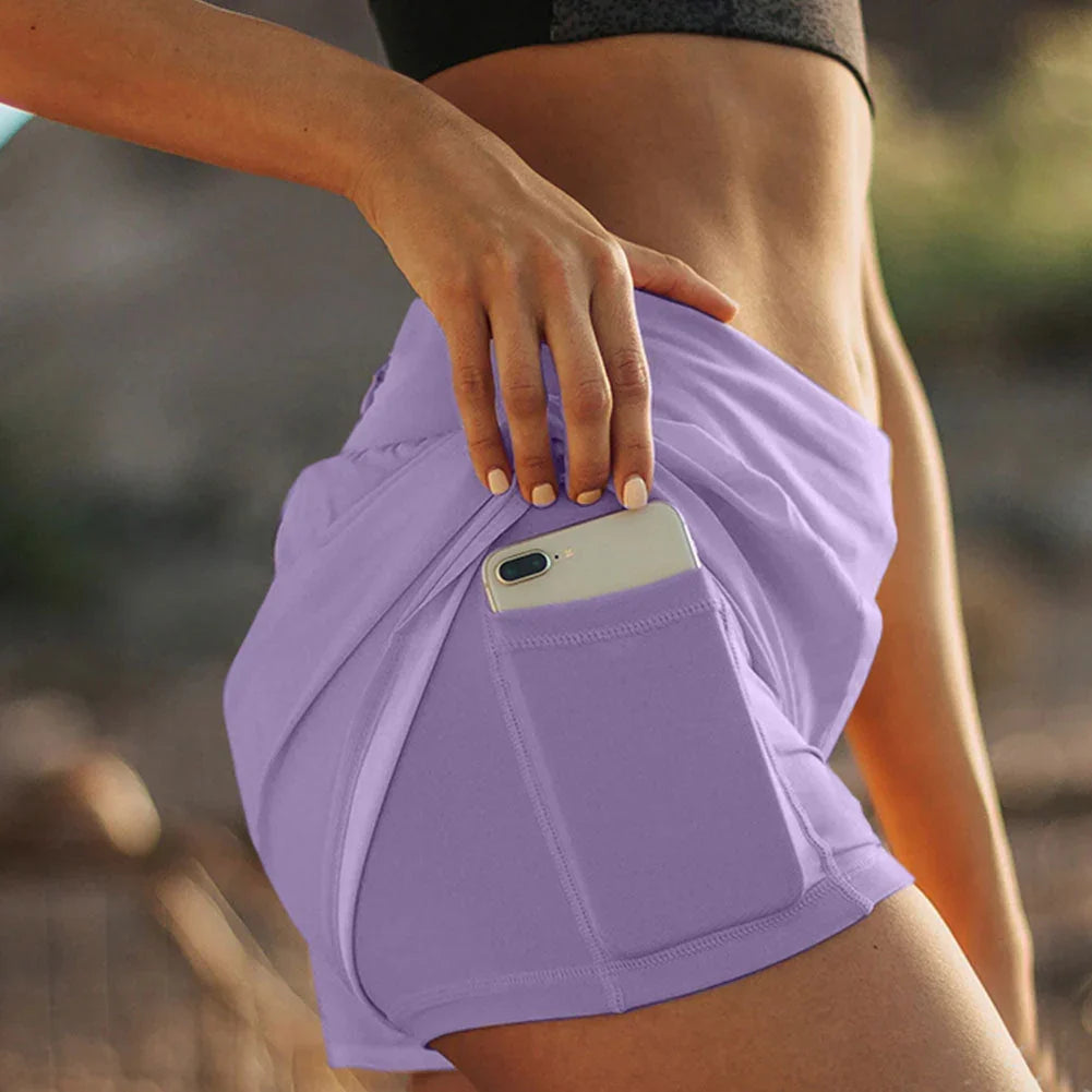 Double-layered Fake Two-piece Sports Shorts Yoga Pants With Pockets - VAleG