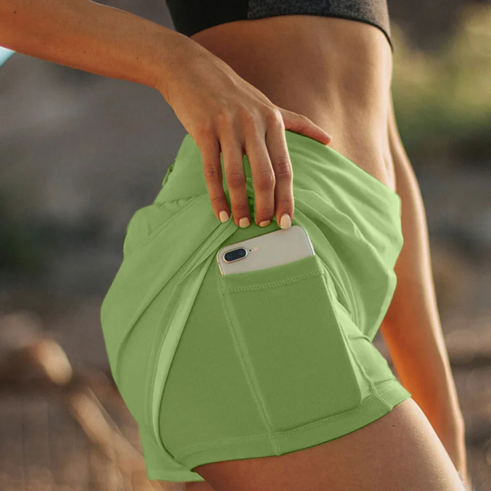 Double-layered Fake Two-piece Sports Shorts Yoga Pants With Pockets - VAleG