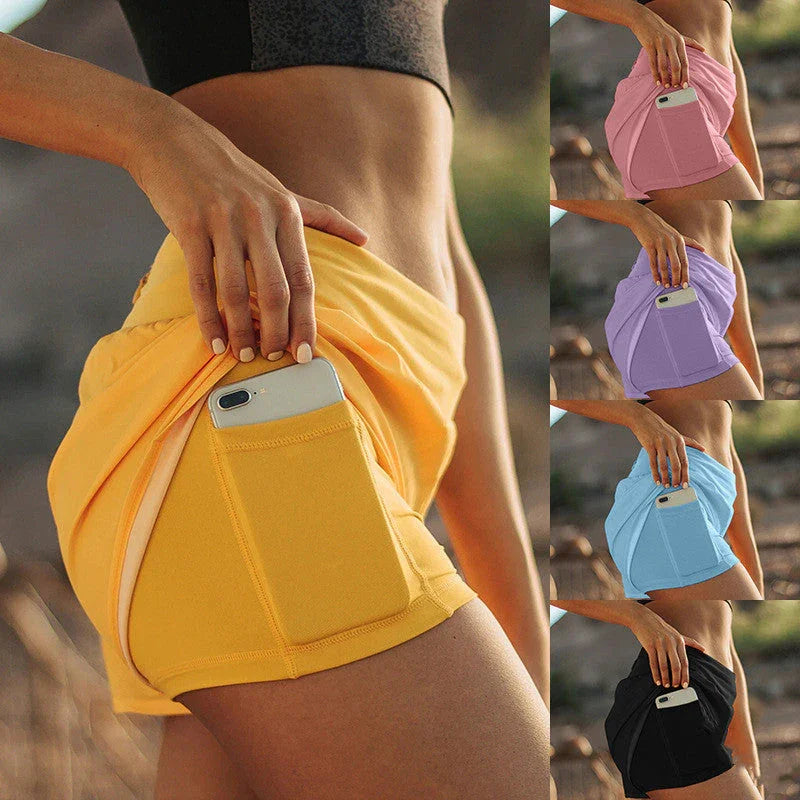Double-layered Fake Two-piece Sports Shorts Yoga Pants With Pockets - VAleG
