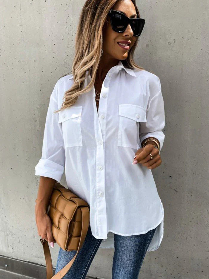 Ladies Irregular Loose Long Sleeve Lapel Collar Shirt Top - VAleG