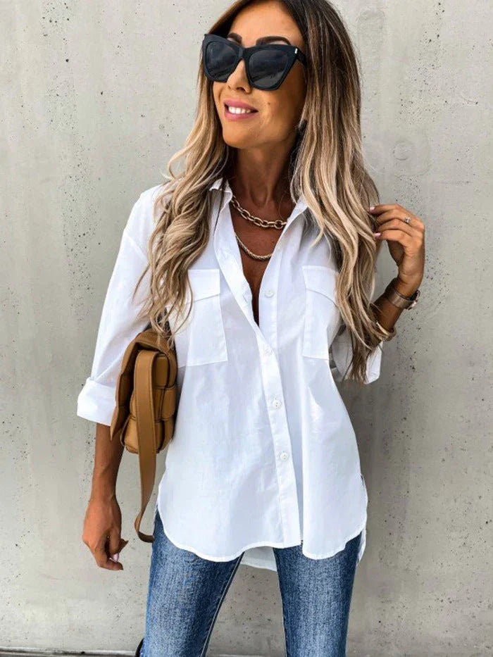 Ladies Irregular Loose Long Sleeve Lapel Collar Shirt Top - VAleG
