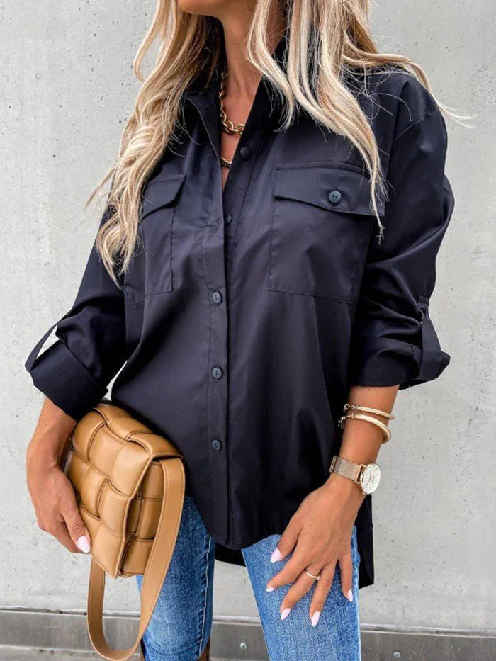 Ladies Irregular Loose Long Sleeve Lapel Collar Shirt Top - VAleG