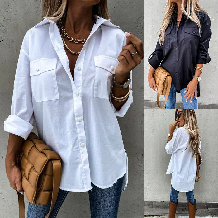 Ladies Irregular Loose Long Sleeve Lapel Collar Shirt Top - VAleG