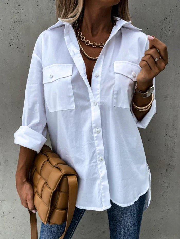 Ladies Irregular Loose Long Sleeve Lapel Collar Shirt Top - VAleG