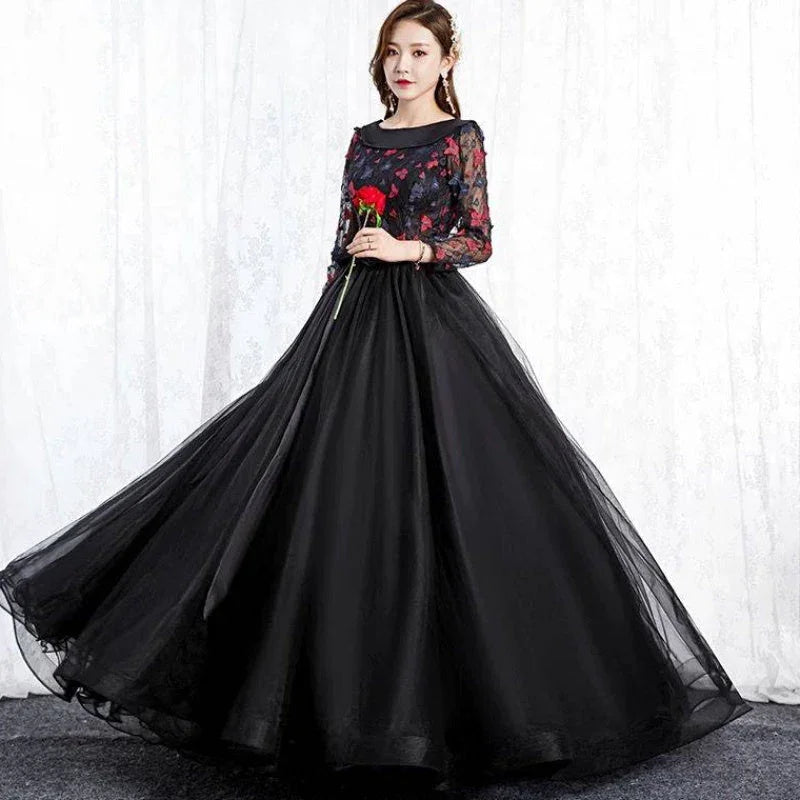 Black Park Collar Evening Dress Solo Host Performance, Pettiskirt Long Female - VAleG