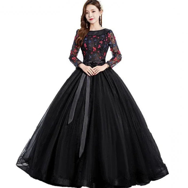 Black Park Collar Evening Dress Solo Host Performance, Pettiskirt Long Female - VAleG