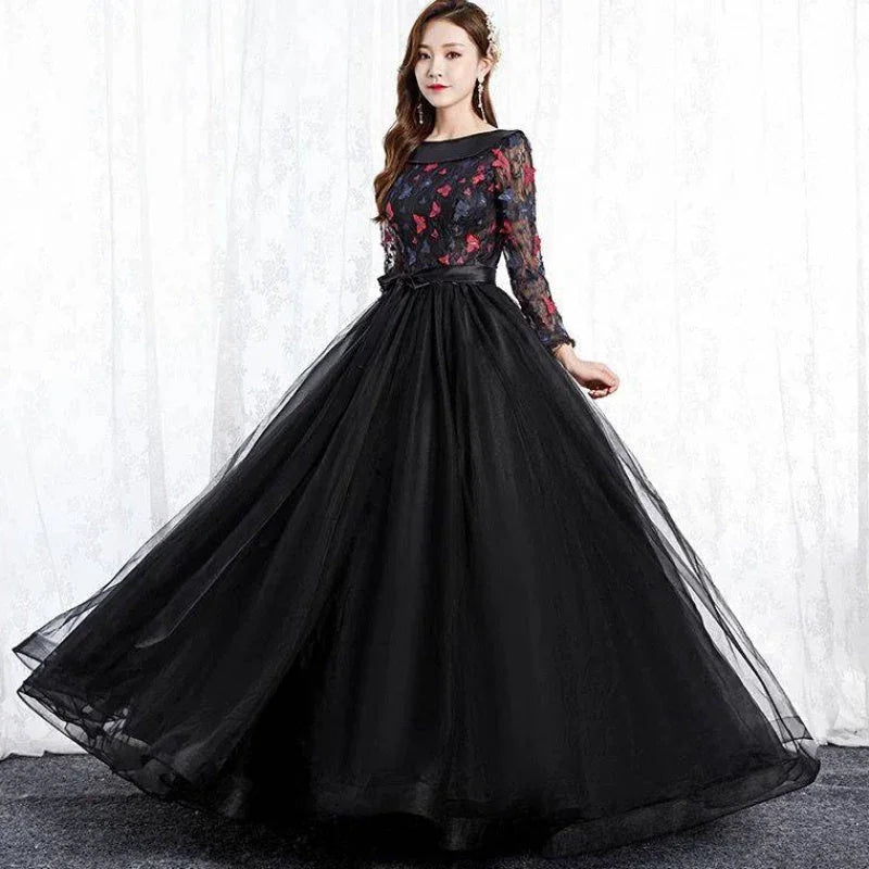 Black Park Collar Evening Dress Solo Host Performance, Pettiskirt Long Female - VAleG