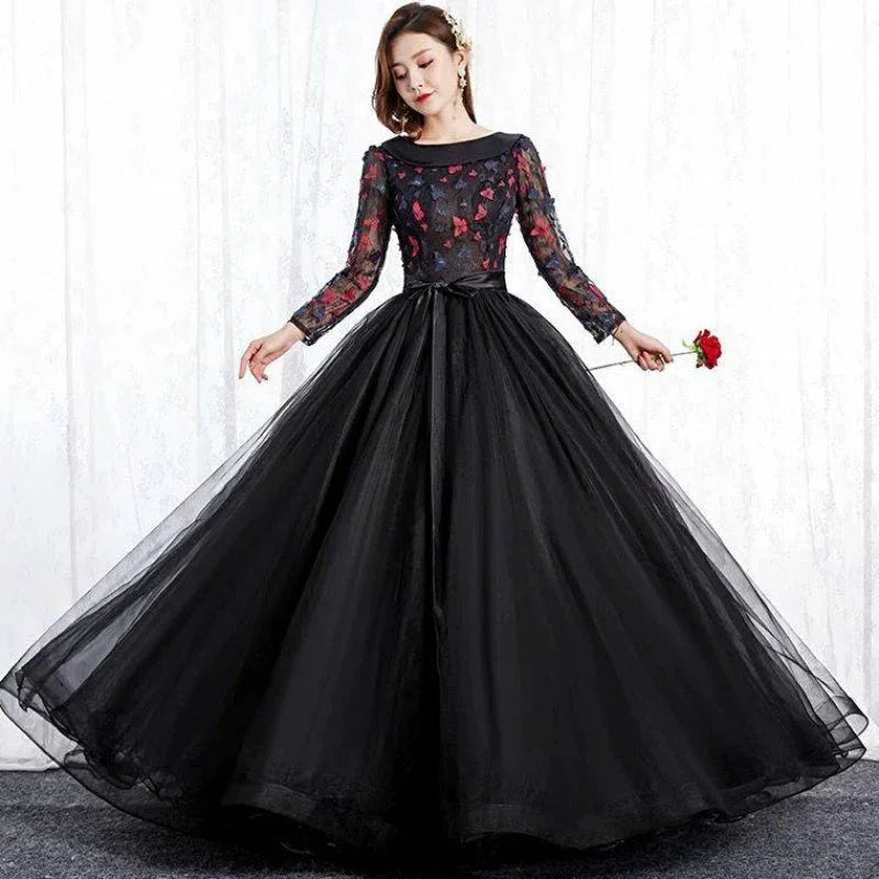 Black Park Collar Evening Dress Solo Host Performance, Pettiskirt Long Female - VAleG