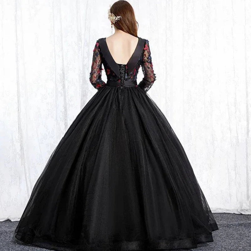 Black Park Collar Evening Dress Solo Host Performance, Pettiskirt Long Female - VAleG