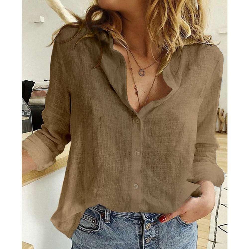 Solid Color Casual Loose Long Sleeve Linen Shirt - VAleG
