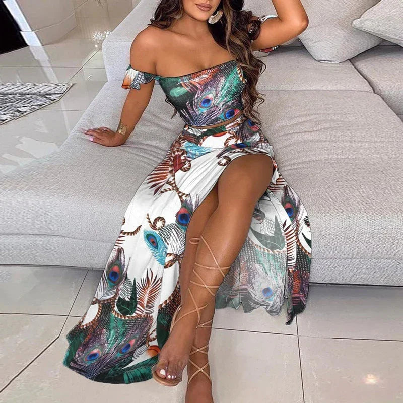 Summer Slim French Bohemian Print Mid-Length Retro Tube Top Suit Dress Women - VAleG