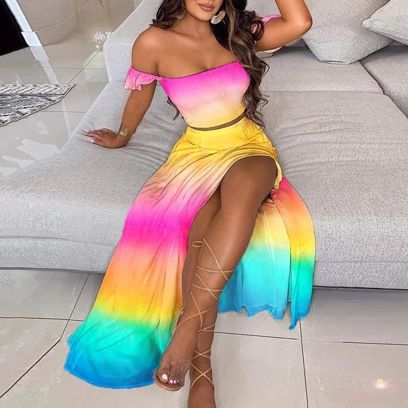 Summer Slim French Bohemian Print Mid-Length Retro Tube Top Suit Dress Women - VAleG