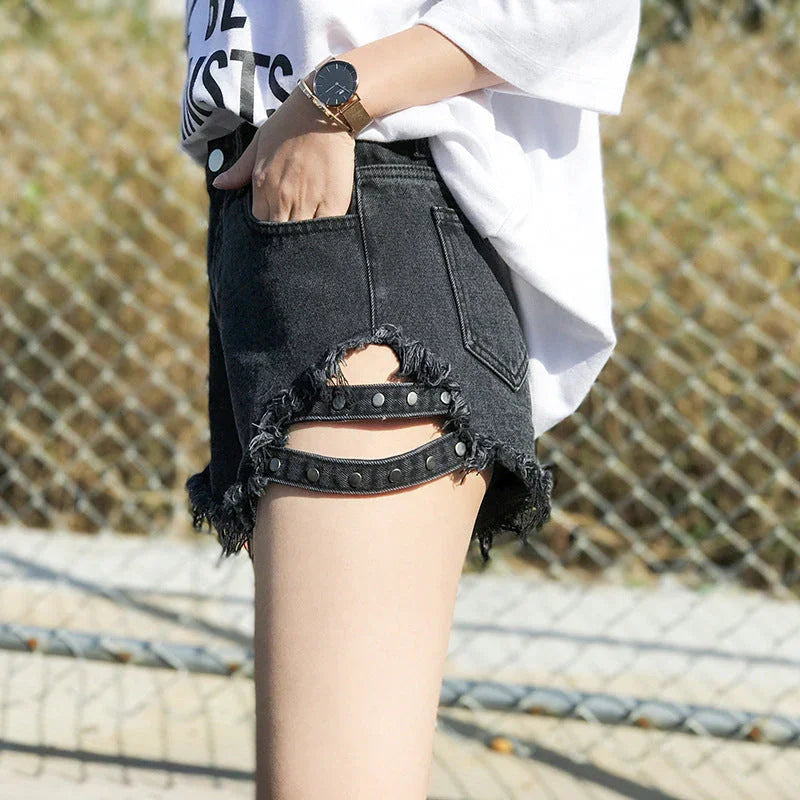 Denim Shorts With Side Studs Loose Ripped High-Rise Jeans - VAleG